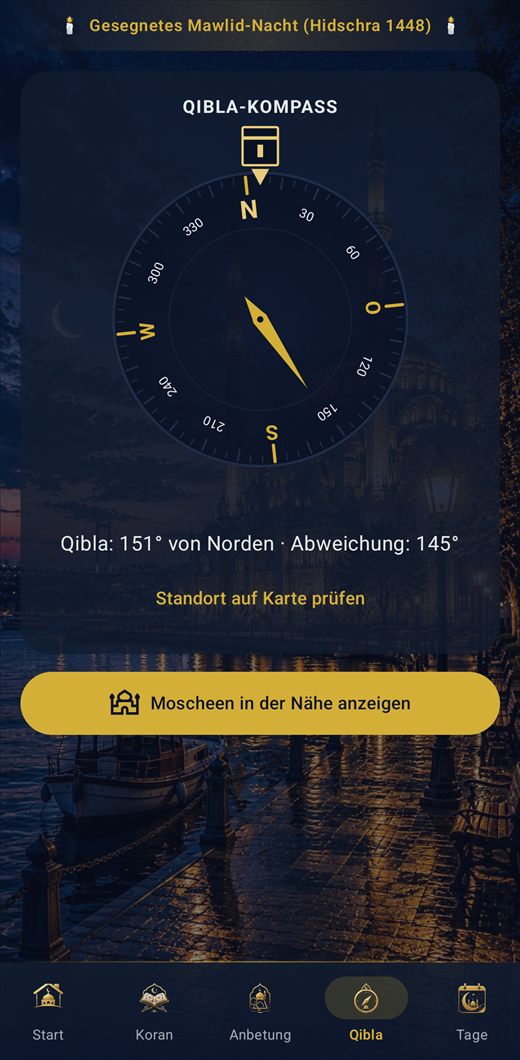 Gebetszeiten & Adhan: Inshirah — Qibla-Kompass und Moscheen in der Nähe