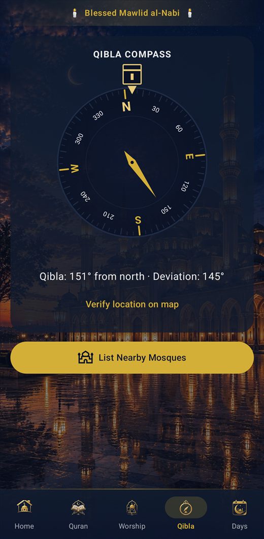 Prayer Times & Adhan: Inshirah — Qibla Compass and Nearby Mosques