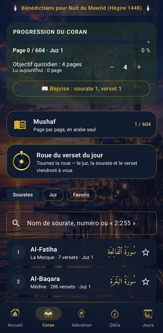 Heures de prière — Inshirah — Le Saint Coran