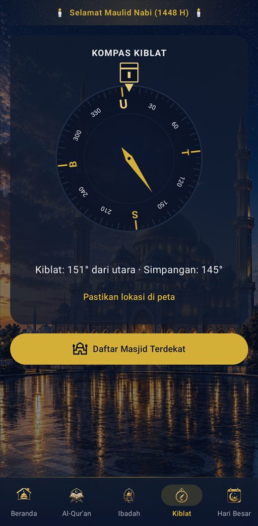 Inshirah: Jadwal Sholat, Adzan — Kompas Kiblat dan Masjid Terdekat
