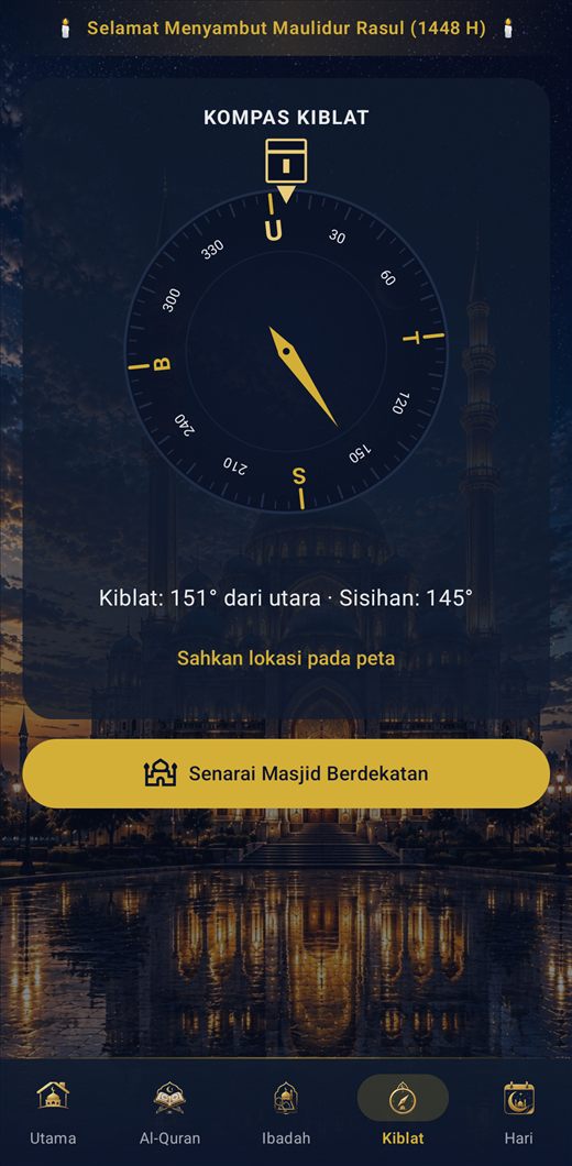 Waktu Solat & Azan — Inshirah — Kompas Kiblat dan Masjid Berdekatan