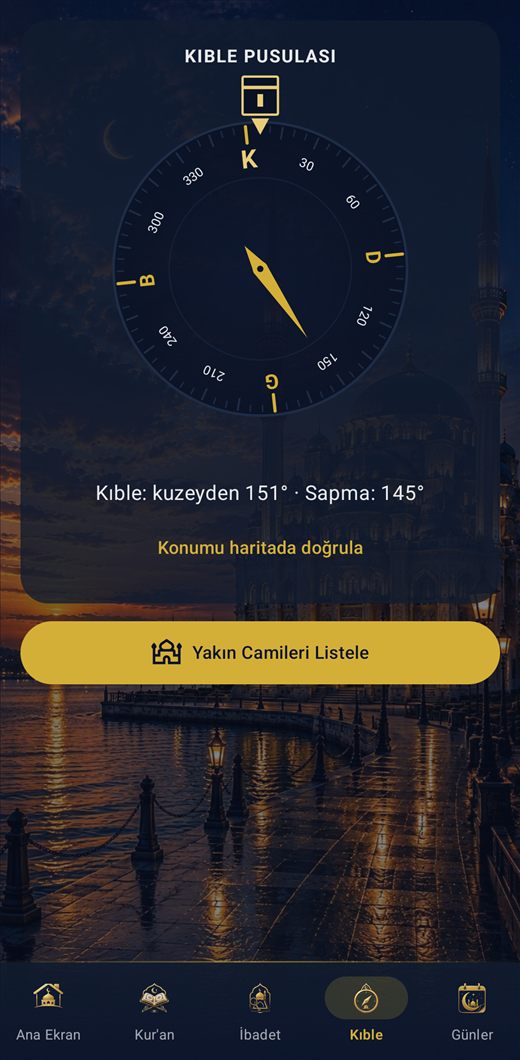 Namaz Vakti & Ezan — İnşirah — Kıble Pusulası ve Yakın Camiler